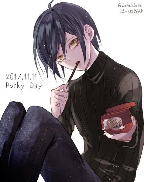 Anime picture 769x972 with dangan ronpa new danganronpa v3 saihara shuuichi z-epto (chat-noir86) single tall image looking at viewer short hair black hair simple background white background sitting signed yellow eyes head tilt twitter username dated eating pocky day boy