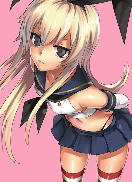 Anime picture 790x1090 with kantai collection shimakaze destroyer shiromi (ringo) single long hair tall image looking at viewer simple background blonde hair grey eyes leaning zettai ryouiki leaning forward hands behind back pink background girl thighhighs skirt gloves navel
