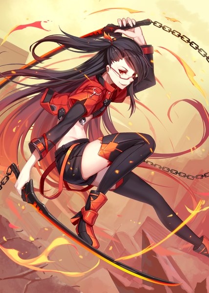 Anime picture 1600x2240 with original nian (zhanian) single long hair tall image looking at viewer fringe black hair smile red eyes twintails holding bent knee (knees) red hair open clothes open jacket bare belly high heels girl thighhighs