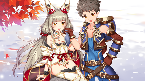 Anime-Bild 1800x1013 mit xenoblade xenoblade 2 nia (xenoblade) nia (blade) (xenoblade) rex (xenoblade 2) xingxiang senlin long hair blush highres short hair open mouth light erotic brown hair wide image twintails bare shoulders brown eyes outdoors :d grey hair