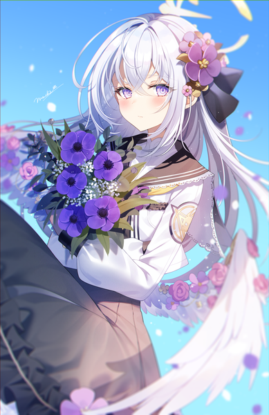 Anime picture 1000x1544 with blue archive azusa (blue archive) myusha single long hair tall image looking at viewer blush fringe hair between eyes purple eyes silver hair hair flower white wings girl flower (flowers) wings halo bouquet