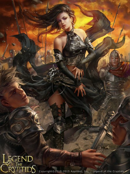 Anime picture 735x980 with legend of the cryptids zesperia (legend of the cryptids ) laura sava (anotherwanderer) long hair tall image looking at viewer black hair lips multiple boys midriff orange eyes battle girl boy weapon earrings sword boots armor armlet