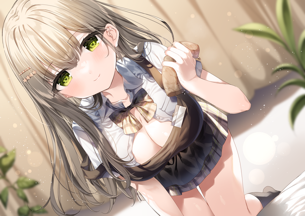 Anime picture 3541x2508 with original mafuyu (chibi21) single long hair looking at viewer blush fringe highres breasts light erotic smile hair between eyes brown hair large breasts holding green eyes absurdres indoors pleated skirt light smile