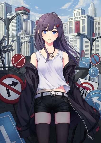 Anime picture 1181x1670 with original hoodier single long hair tall image looking at viewer blush fringe breasts blue eyes standing bare shoulders payot sky purple hair cloud (clouds) ahoge outdoors long sleeves wind