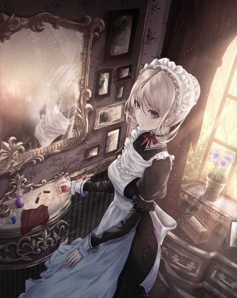 Anime picture 1273x1600 with original dlwhdals901 single tall image looking at viewer blush fringe short hair breasts hair between eyes standing purple eyes holding indoors long sleeves from above grey hair sunlight maid puffy sleeves