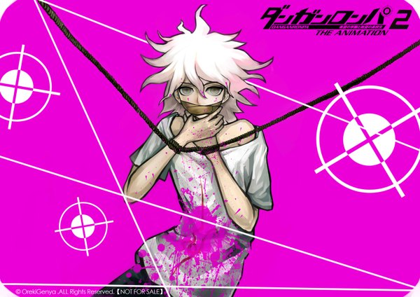 Anime picture 3507x2480 with dangan ronpa super dangan ronpa 2 komaeda nagito oreki genya single long hair looking at viewer highres bare shoulders signed absurdres white hair grey eyes copyright name pink background bondage spiked hair boy t-shirt rope