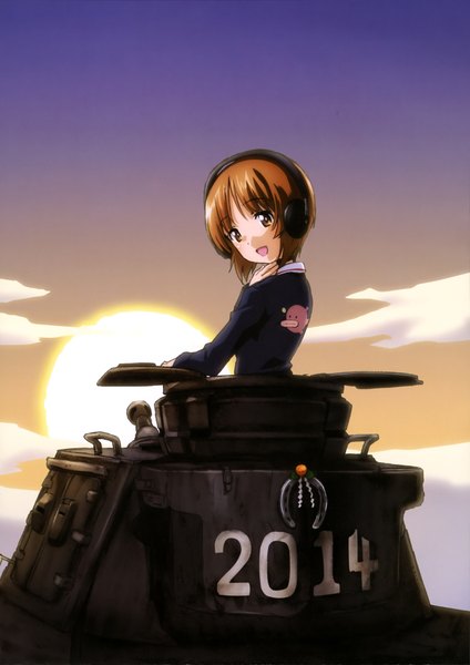 Anime picture 2895x4095 with girls und panzer nishizumi miho single tall image highres short hair open mouth brown hair brown eyes looking back scan official art girl headphones ground vehicle sun tank
