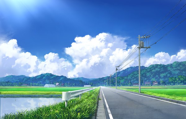 イラスト 1200x772 と オリジナル ぺい 空 cloud (clouds) outdoors sunlight mountain no people street field 植物 木 水 建物 草 家 送電線 道 pole pond