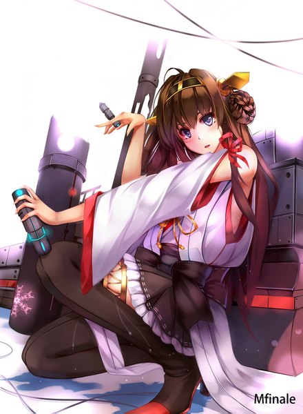 Anime picture 1237x1687 with kantai collection kongou battleship mfinale single long hair tall image looking at viewer blush open mouth blue eyes brown hair girl hair ornament detached sleeves boots thigh boots