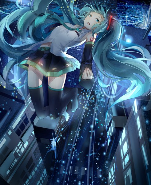 Anime picture 1000x1222 with vocaloid hatsune miku plipa single long hair tall image open mouth blue eyes twintails blue hair bent knee (knees) pleated skirt from above tattoo city cityscape city lights girl thighhighs skirt
