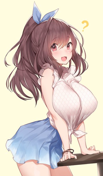 Anime picture 800x1363 with idolmaster idolmaster shiny colors tsukioka kogane yaman (yamanta lov) single long hair tall image looking at viewer blush fringe breasts open mouth light erotic simple background hair between eyes red eyes brown hair large breasts standing ponytail