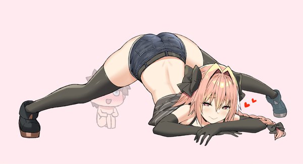 Anime picture 1600x867 with fate (series) fate/grand order astolfo (fate) fujimaru ritsuka (male) sky-freedom long hair fringe light erotic smile hair between eyes wide image sitting pink hair full body braid (braids) pink eyes nude multiple boys single braid pink background