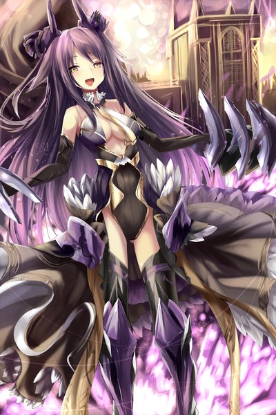 Anime picture 1333x2000 with original haik single long hair tall image looking at viewer blush breasts open mouth light erotic yellow eyes purple hair girl building (buildings) thigh boots bodysuit