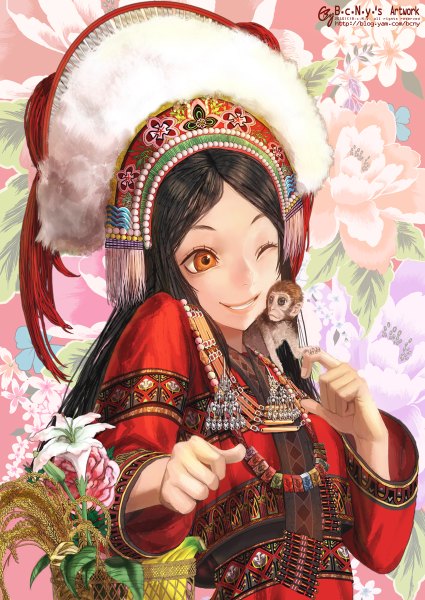 Anime picture 850x1200 with original b.c.n.y. (bcnyart) single tall image black hair brown eyes traditional clothes one eye closed wink happy girl flower (flowers) animal jewelry monkey