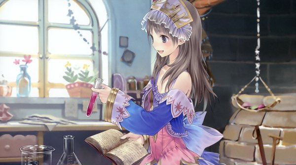 Anime picture 3421x1918 with atelier (series) gust (company) totooria helmold kishida mel long hair highres blue eyes brown hair wide image absurdres girl book (books)