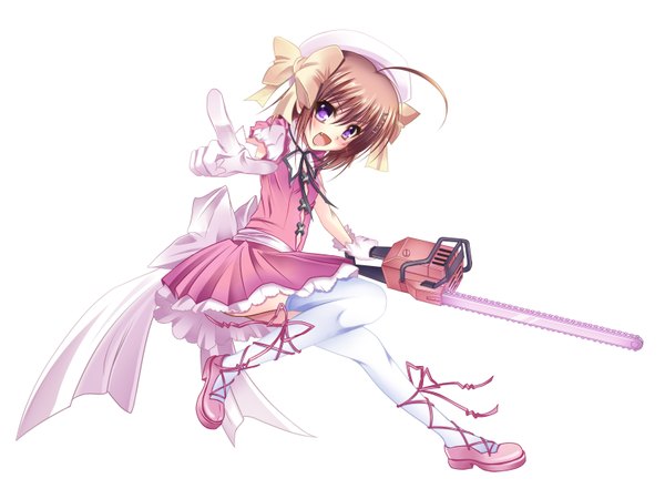 Anime picture 3200x2400 with kore wa zombie desu ka? studio deen haruna (zombie) pass-d (artist) highres short hair open mouth simple background brown hair white background purple eyes absurdres ahoge girl thighhighs weapon white thighhighs chainsaw