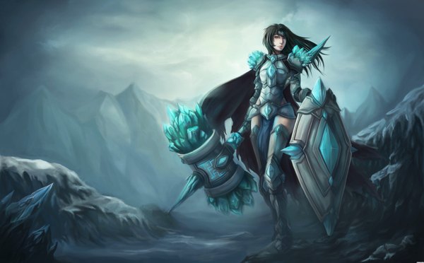 Anime picture 2972x1847 with league of legends taric (league of legends) single long hair highres blue eyes black hair wide image mountain genderswap girl weapon armor cloak tiara crystal huge weapon shield hammer