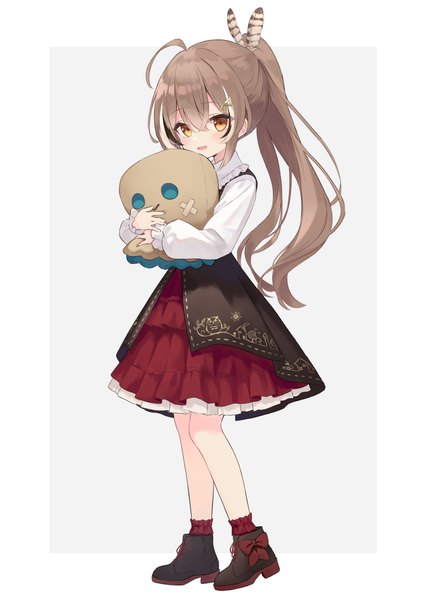 Anime picture 2122x2976 with virtual youtuber hololive hololive english nanashi mumei friend (nanashi mumei) azuuru single long hair tall image looking at viewer blush fringe highres open mouth simple background smile hair between eyes brown hair yellow eyes payot