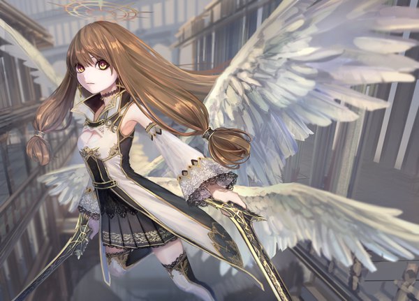 Anime picture 3200x2300 with original hashimoto kokai single long hair fringe highres breasts hair between eyes brown hair holding yellow eyes looking away absurdres pleated skirt wide sleeves zettai ryouiki symbol-shaped pupils cleavage cutout flying angel wings