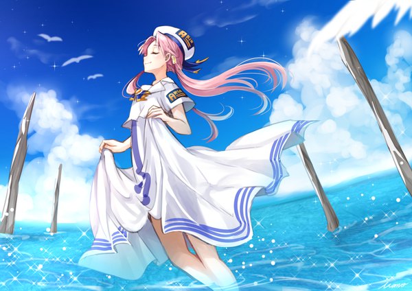 Anime picture 1900x1344 with aria mizunashi akari mamo (fortune-mm) single highres short hair smile standing pink hair sky cloud (clouds) eyes closed profile wind sparkle partially submerged girl dress uniform hat