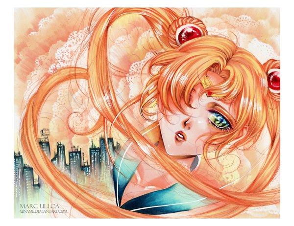 Anime picture 1037x800 with bishoujo senshi sailor moon toei animation tsukino usagi sailor moon giname (artist) single long hair looking at viewer fringe blue eyes blonde hair twintails green eyes very long hair hair over one eye orange hair city cityscape face framed