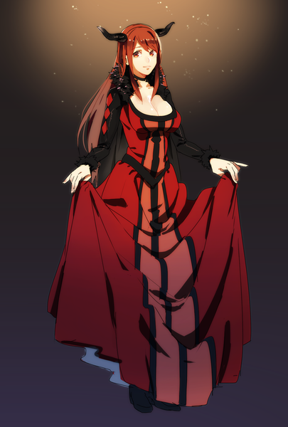Anime picture 1181x1748 with maoyuu maou yuusha arms corporation maou (maoyuu) haruno ake single long hair tall image breasts red eyes red hair horn (horns) girl dress