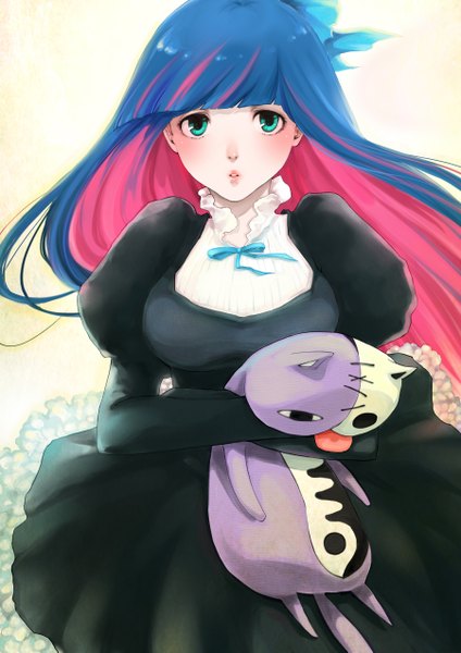Anime picture 1800x2545 with panty & stocking with garterbelt anarchy stocking honekoneko banjo914 single tall image looking at viewer blush fringe highres green eyes blue hair pink hair parted lips multicolored hair wind hug colored inner hair open collar yellow background
