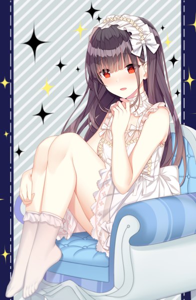 Anime picture 2480x3780 with original jyt single long hair tall image looking at viewer blush fringe highres breasts open mouth hair between eyes red eyes brown hair sitting full body bent knee (knees) sparkle no shoes sleeveless