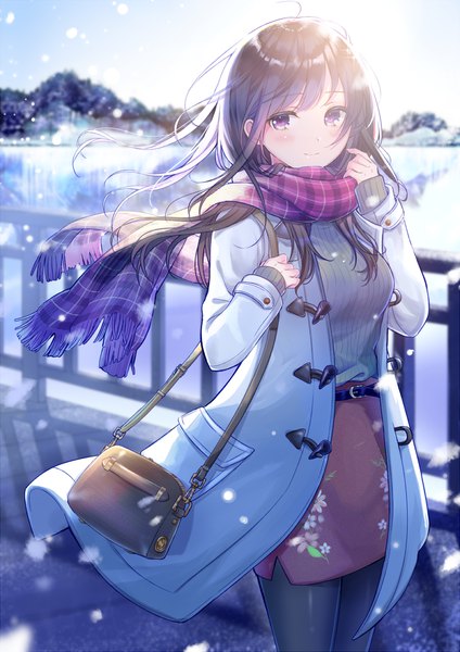 Anime picture 800x1131 with original kashiwabara en single long hair tall image looking at viewer blush fringe breasts black hair smile standing purple eyes sky outdoors long sleeves wind blurry open clothes depth of field