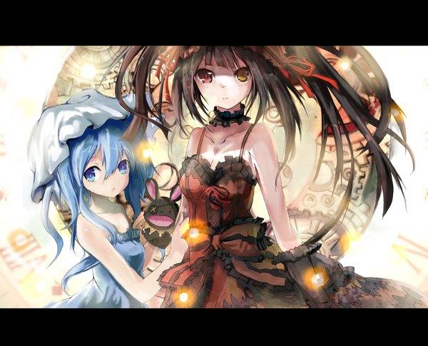 Anime picture 2362x1913 with date a live tokisaki kurumi yoshino (date a live) yoshinon mitu yang zzzzxxx2010nian long hair looking at viewer highres blue eyes black hair bare shoulders multiple girls blue hair loli heterochromia girl dress 2 girls detached sleeves