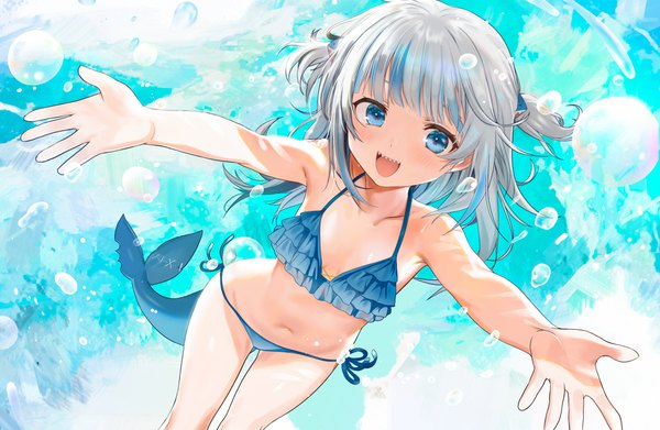 Anime picture 3909x2549 with virtual youtuber hololive hololive english gawr gura seicoh single long hair looking at viewer blush fringe highres breasts open mouth blue eyes light erotic smile absurdres silver hair tail blunt bangs