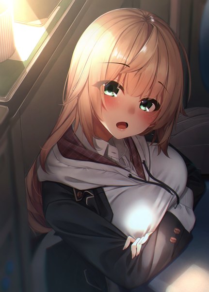 Anime picture 1058x1471 with original waterdog single long hair tall image looking at viewer blush fringe breasts open mouth blonde hair hair between eyes large breasts green eyes payot ahoge upper body indoors head tilt sunlight