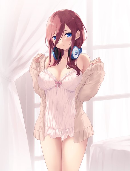 Anime picture 1280x1685 with go-toubun no hanayome nakano miku cait single long hair tall image looking at viewer fringe breasts blue eyes light erotic hair between eyes brown hair large breasts standing cleavage long sleeves open clothes arms up thigh gap