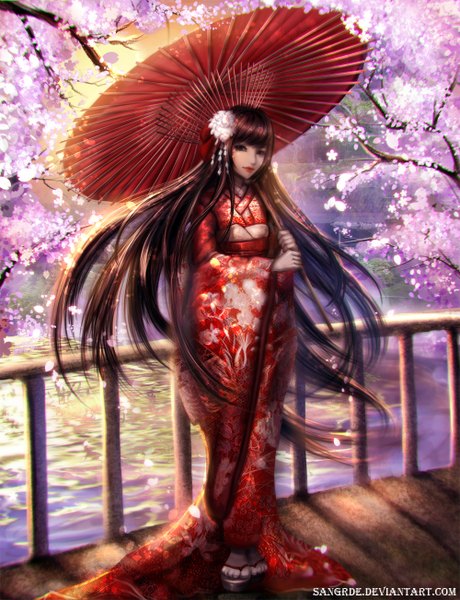 Anime picture 1000x1302 with original sangrde single tall image looking at viewer fringe black hair standing very long hair traditional clothes japanese clothes hair flower lips black eyes wide sleeves cherry blossoms girl hair ornament flower (flowers) plant (plants)