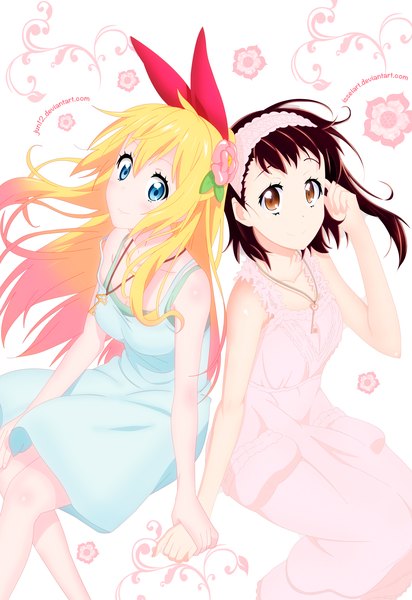 Anime picture 3000x4364 with nisekoi shaft (studio) kirisaki chitoge onodera kosaki isseiart jun12 long hair tall image highres blue eyes blonde hair smile brown hair white background multiple girls brown eyes pink hair multicolored hair hair flower two-tone hair