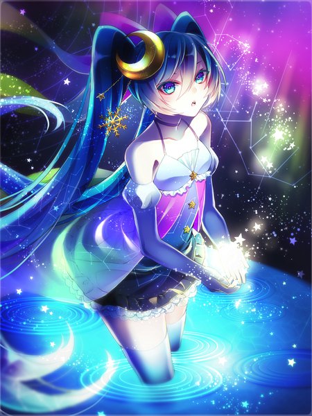 Anime picture 1536x2048 with vocaloid hatsune miku 1055 single tall image looking at viewer blush fringe hair between eyes standing twintails bare shoulders holding payot very long hair aqua eyes aqua hair teeth :o depth of field