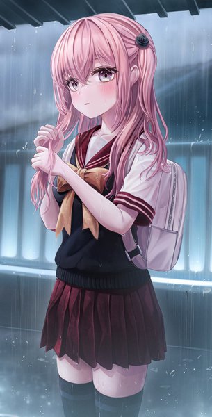 Anime picture 1000x1966 with sono bisque doll wa koi wo suru cloverworks inui sajuna funii single long hair tall image looking at viewer blush fringe hair between eyes standing brown eyes pink hair pleated skirt wet two side up rain wet clothes holding hair