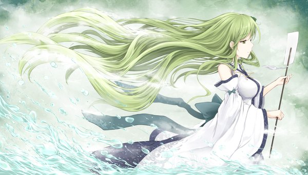 Anime picture 2000x1142 with touhou kochiya sanae cloudy.r single long hair highres wide image green eyes traditional clothes profile green hair miko girl detached sleeves water gohei