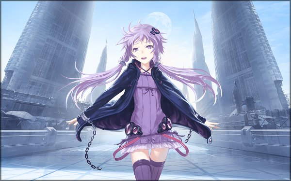 Anime picture 1200x750 with vocaloid yuzuki yukari yamamomo (plank) single long hair fringe open mouth standing purple eyes twintails sky purple hair cloud (clouds) open clothes open jacket zettai ryouiki low twintails city spread arms girl