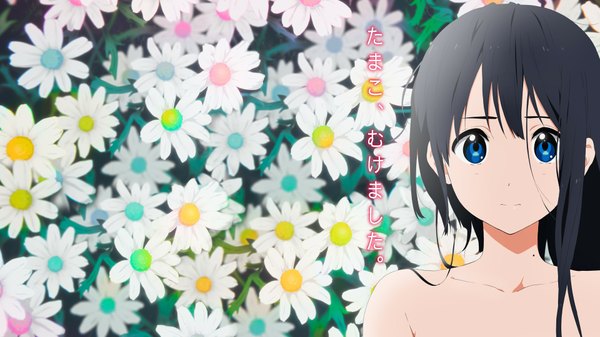 Anime picture 1920x1080 with tamako market kyoto animation kitashirakawa tamako single long hair highres blue eyes black hair wide image bare shoulders girl flower (flowers)