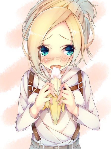 Anime picture 2622x3507 with shingeki no kyojin production i.g annie leonhart shirohina single tall image looking at viewer blush highres short hair open mouth blue eyes blonde hair looking away embarrassed eating sexually suggestive girl shirt fruit