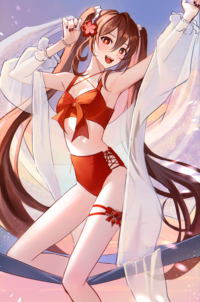 Anime picture 1940x2931 with genshin impact hu tao (genshin impact) pponnya single tall image fringe highres open mouth light erotic hair between eyes red eyes brown hair twintails very long hair nail polish :d hair flower open clothes turning head symbol-shaped pupils