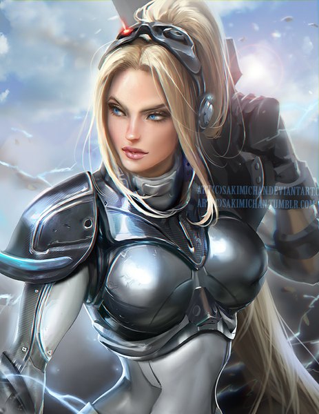 Anime picture 695x900 with starcraft blizzard entertainment nova (starcraft) sakimichan single long hair tall image blue eyes blonde hair holding looking away cloud (clouds) ponytail sunlight realistic watermark electricity girl gloves weapon