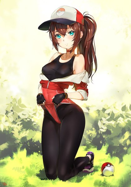 Anime picture 1000x1420 with pokemon pokemon (game) pokemon go nintendo female protagonist (pokemon go) yd (orange maru) single long hair tall image looking at viewer blush fringe breasts light erotic hair between eyes brown hair bare shoulders payot full body ponytail