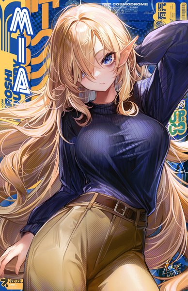 Anime picture 3300x5100 with original nekoya (liu) single long hair tall image looking at viewer blush fringe highres breasts blue eyes blonde hair large breasts standing signed absurdres long sleeves arm up hair over one eye dated