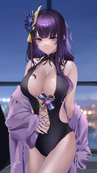 Anime picture 1973x3508 with genshin impact raiden shogun yabacha single long hair tall image looking at viewer fringe highres breasts light erotic large breasts standing purple eyes signed sky cleavage purple hair blunt bangs long sleeves