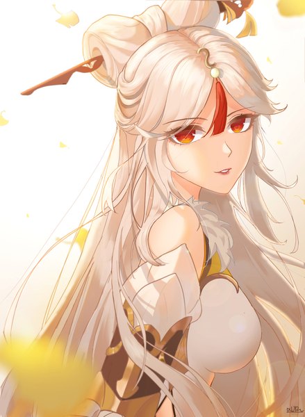 Anime picture 2434x3326 with genshin impact ningguang (genshin impact) xude single long hair tall image looking at viewer fringe highres breasts simple background smile red eyes large breasts white background bare shoulders signed payot silver hair upper body
