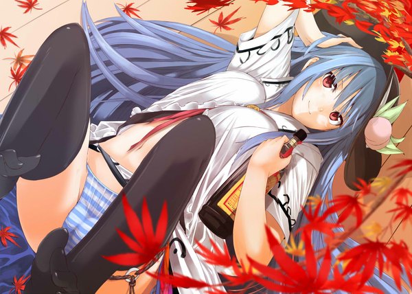 Anime picture 1000x714 with touhou hinanawi tenshi neropaso single long hair light erotic red eyes blue hair girl thighhighs underwear panties black thighhighs hat leaf (leaves) bottle