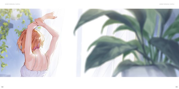Anime picture 1600x800 with tokyo 7th sisters echizen murasaki ekao single short hair brown hair wide image pink hair multicolored hair from behind sunlight arms up two-tone hair text back letterboxed holding arm stretch girl plant (plants)