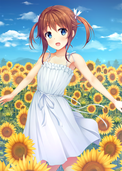 Anime picture 1000x1399 with high school fleet misaki akeno pasdar single tall image blush short hair open mouth blue eyes brown hair twintails sky cloud (clouds) short twintails girl dress flower (flowers) white dress sundress sunflower